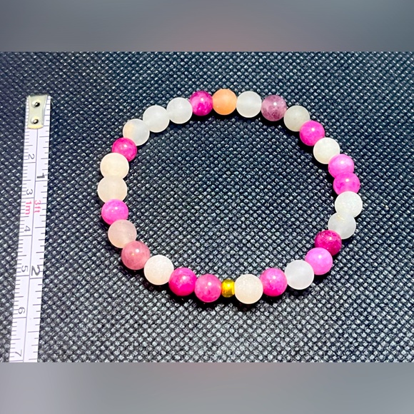 Rose Strawberry Quartz & Brushed Stone Beaded Bracelet Natural Handmade Boutique - Picture 7 of 10